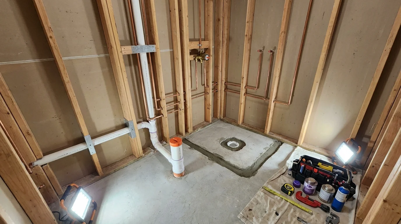 Bathroom rough-in plumbing during remodel by Johns Plumbing LLC in Hammonton