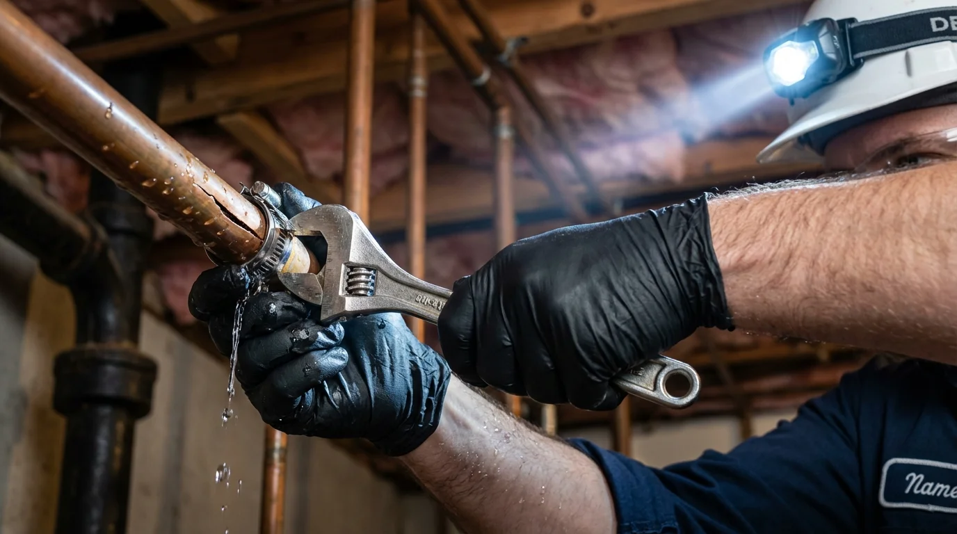 Emergency pipe clamp repair being performed by a Johns Plumbing LLC plumber in Hammonton