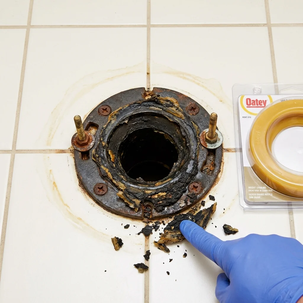 Failed wax ring showing water seepage at the base of a toilet in a Hammonton, NJ home